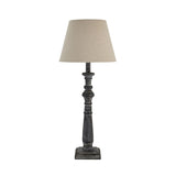 wooden turned in whitewash black  table lamp complete with linen shade.