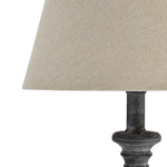 wooden turned in whitewash black  table lamp complete with linen shade.