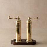 Brass Salt & Pepper Mill Set and Solid Oak Stand