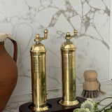 Brass Salt & Pepper Mill Set and Solid Oak Stand