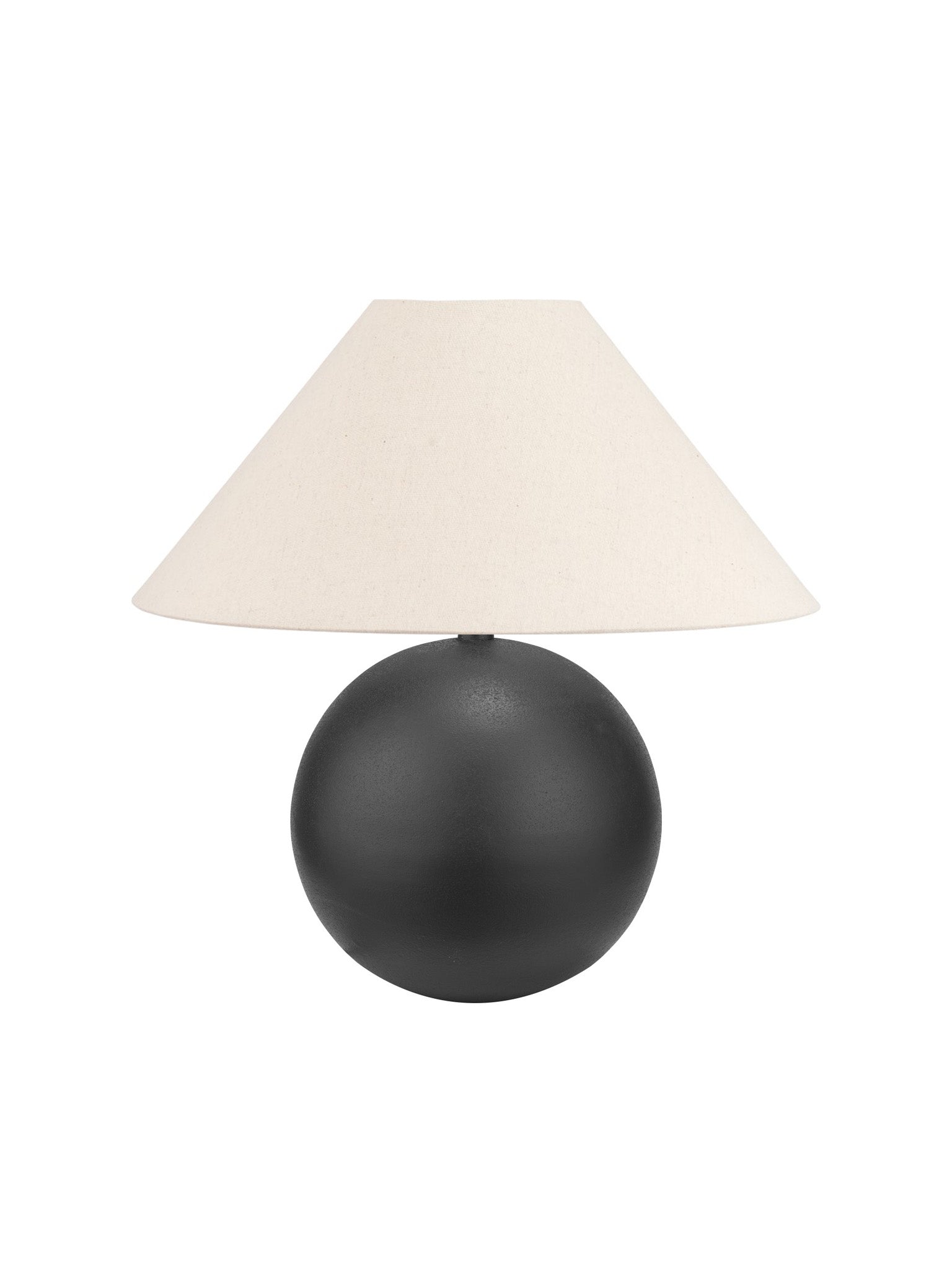 A black spherical table lamp with a white conical lampshade, on a white background.