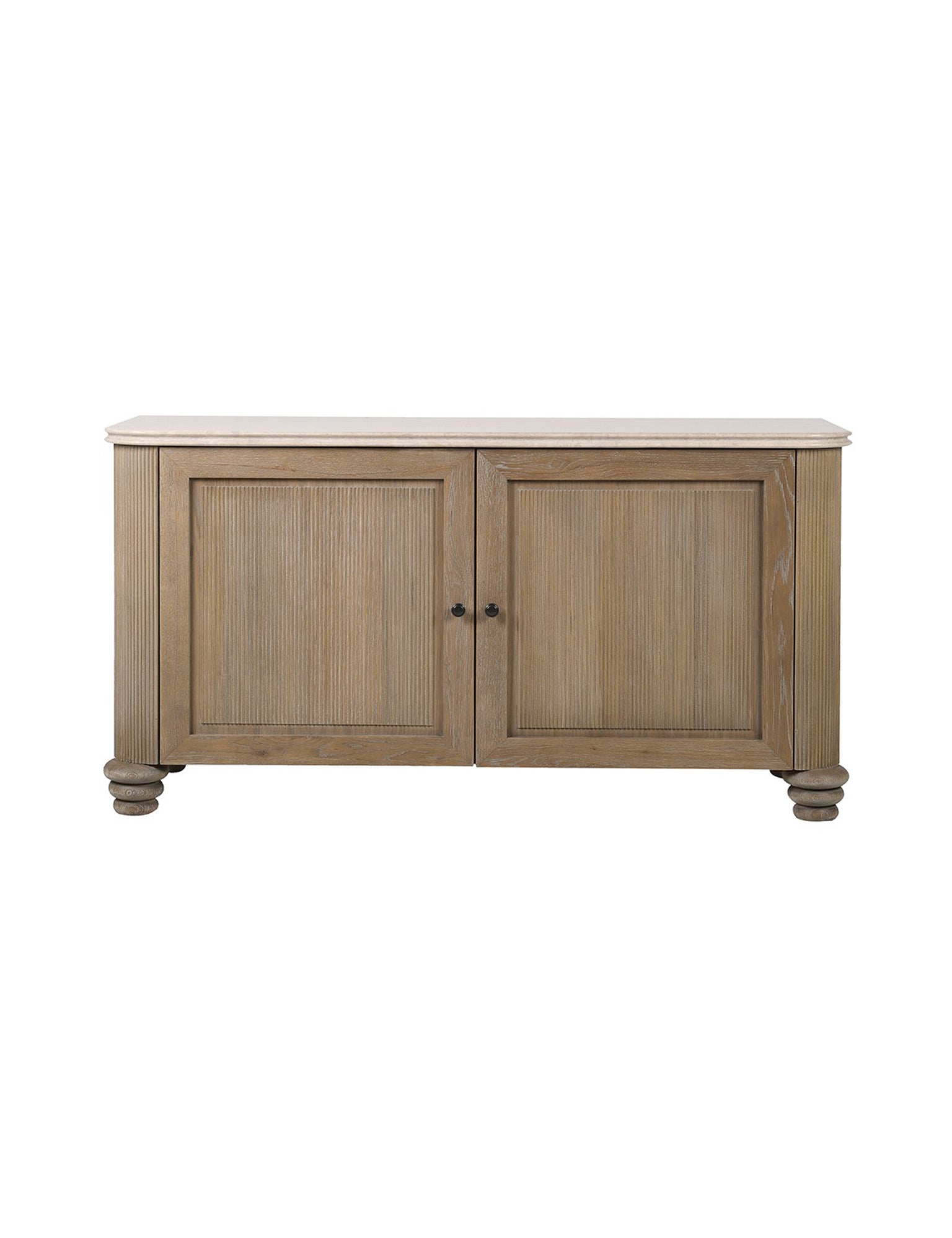 oak cabinet with two doors and a mable top 