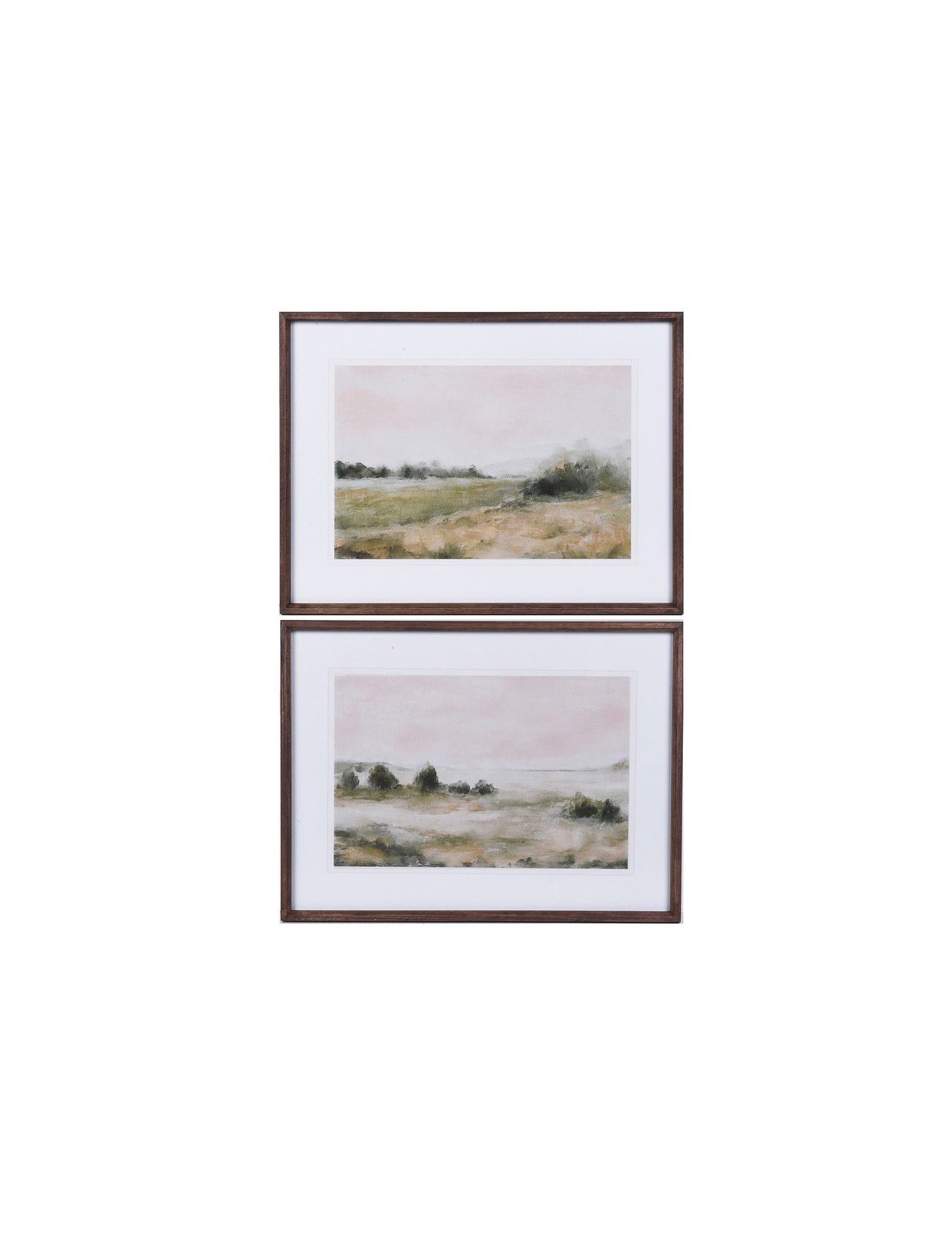 Two framed landscape prints on a white background