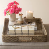 Grey Rattan Ottoman Tray with Handles
