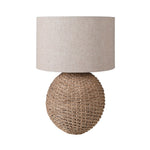 rattan lamp base and linen cylinder shade