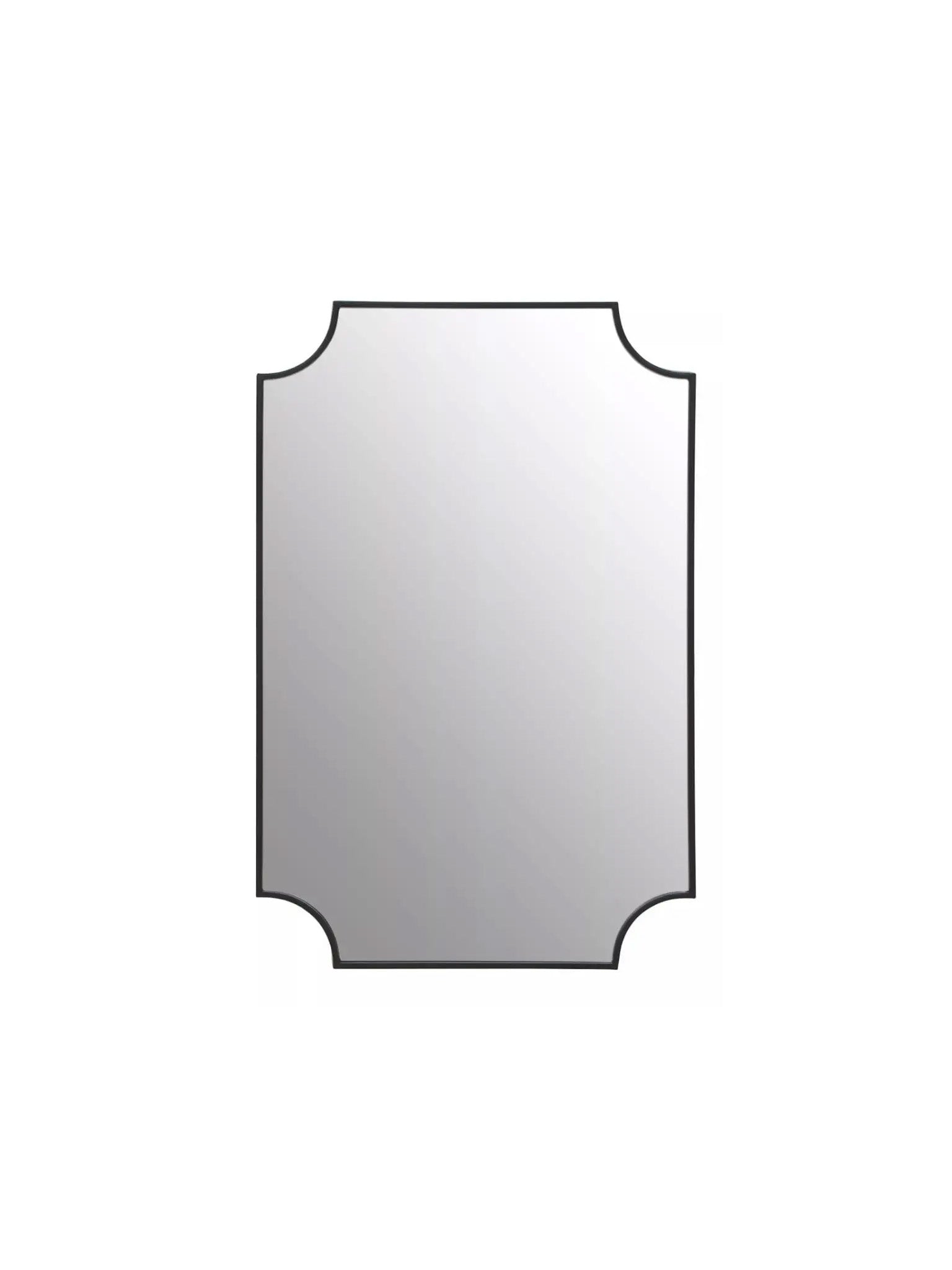 Black frame wall mirror, rectangular shape with inverted corners.