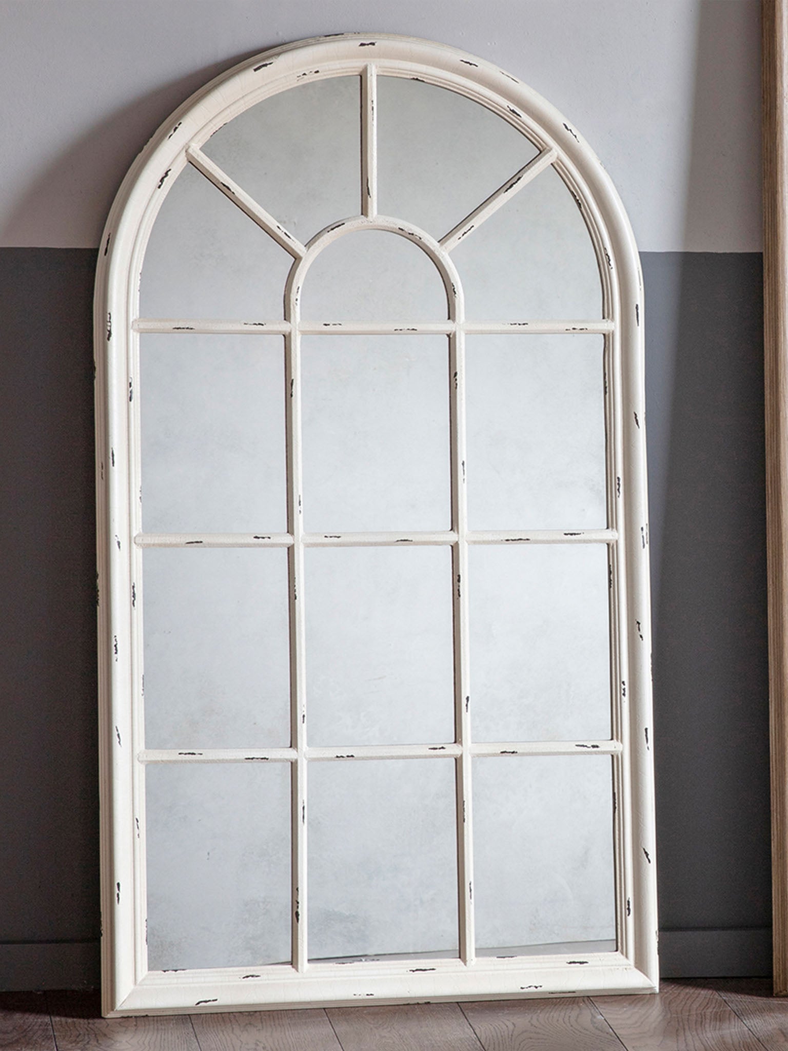 white distressed window mirror