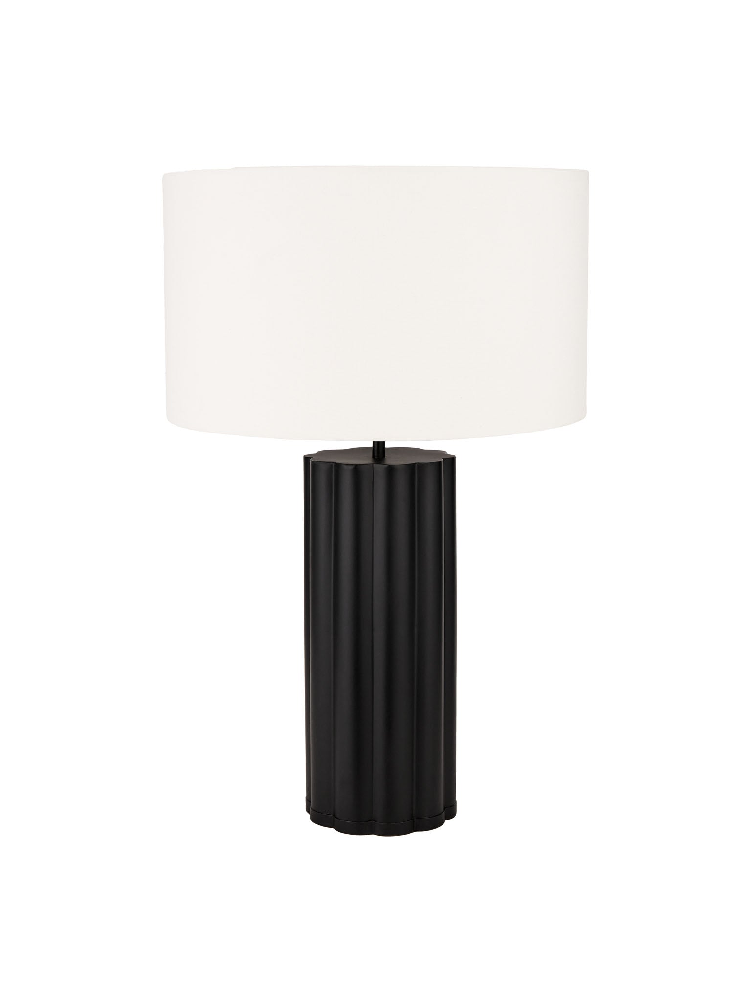black metal base with a white cylinder shade