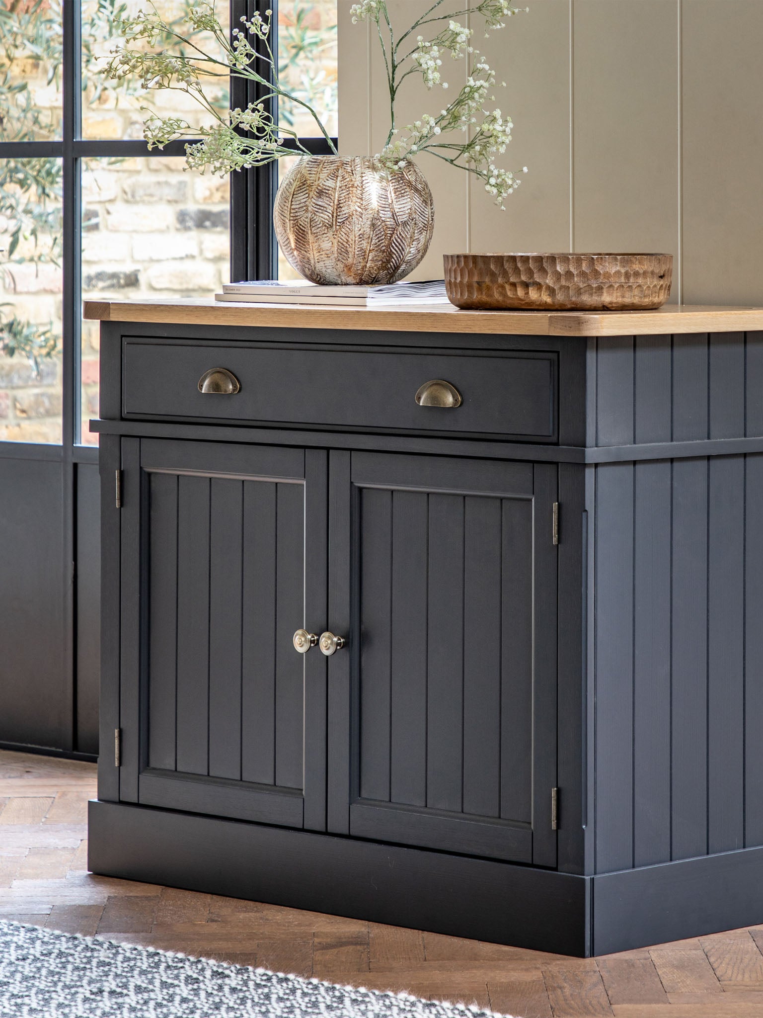2 door farmhouse oak top sideboard painted in meteror