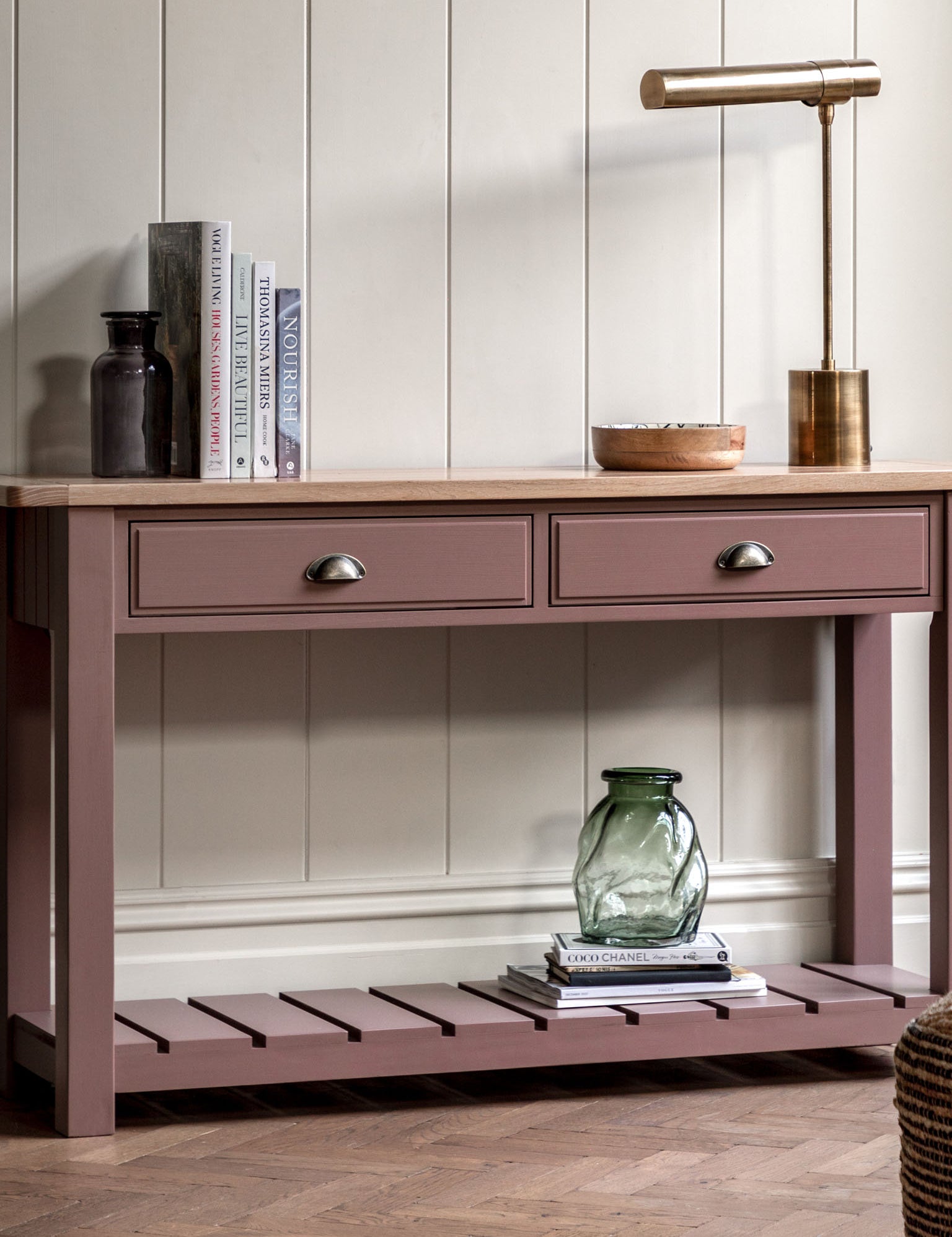 Farmhouse oak top console table painted in clay