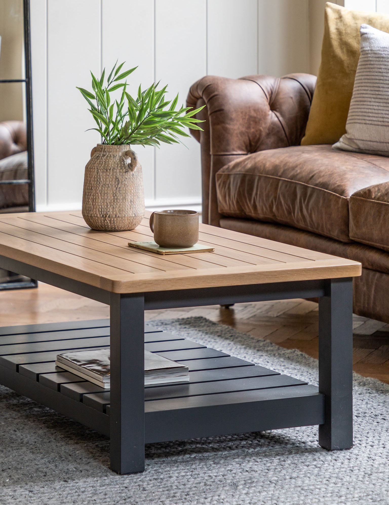 Farmhouse style oak top coffee table painted in meteor