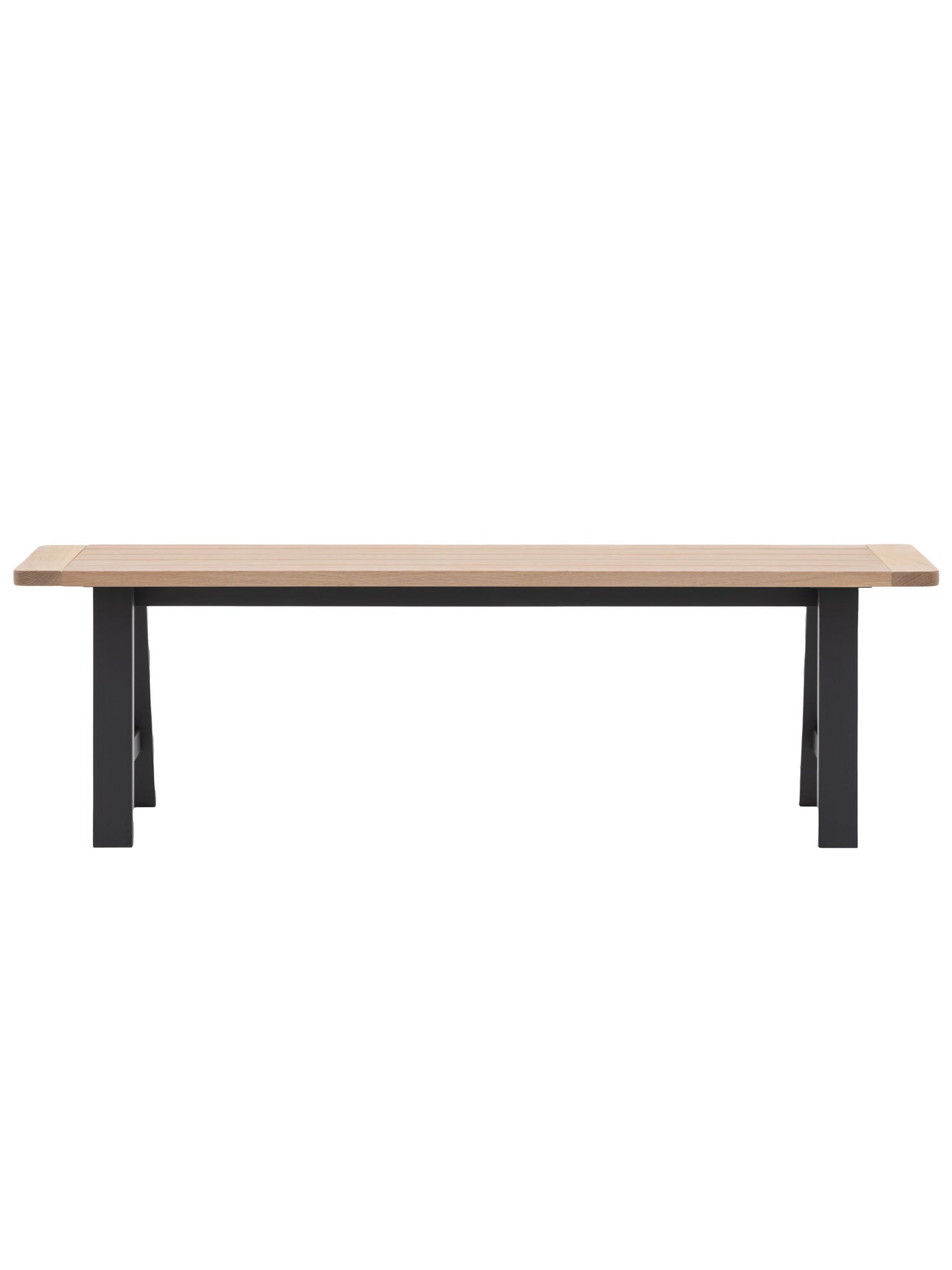 Farmhouse tressle bench with oak top and painted in ink blue