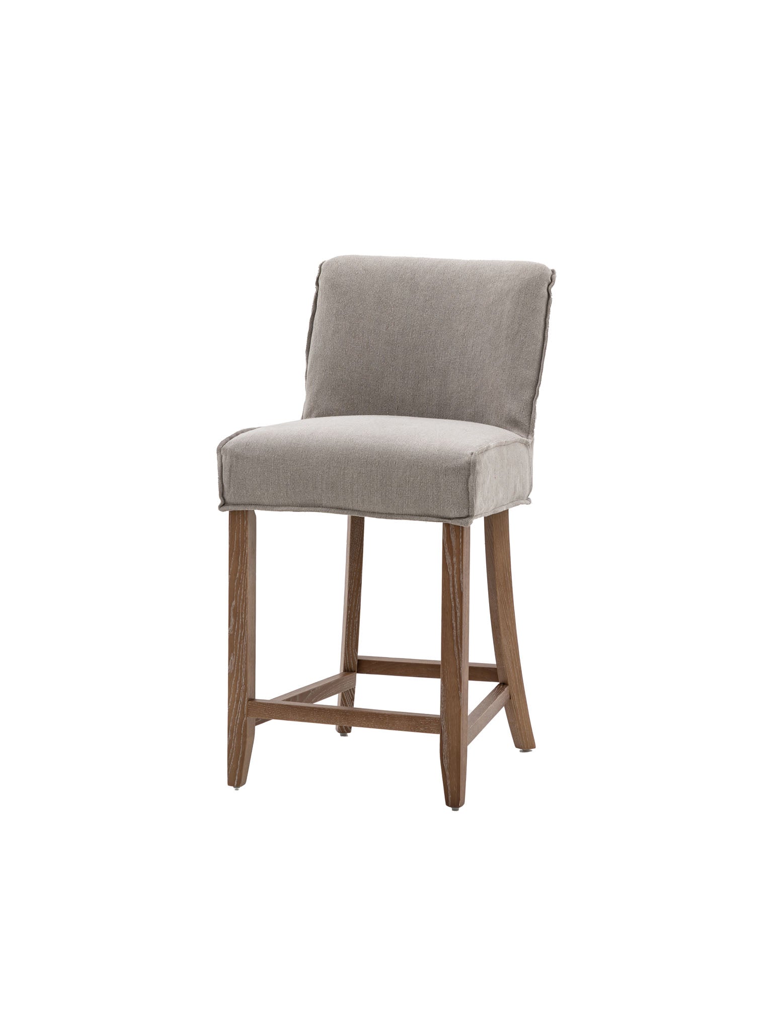 Grey linen bar stool with oak wooden legs