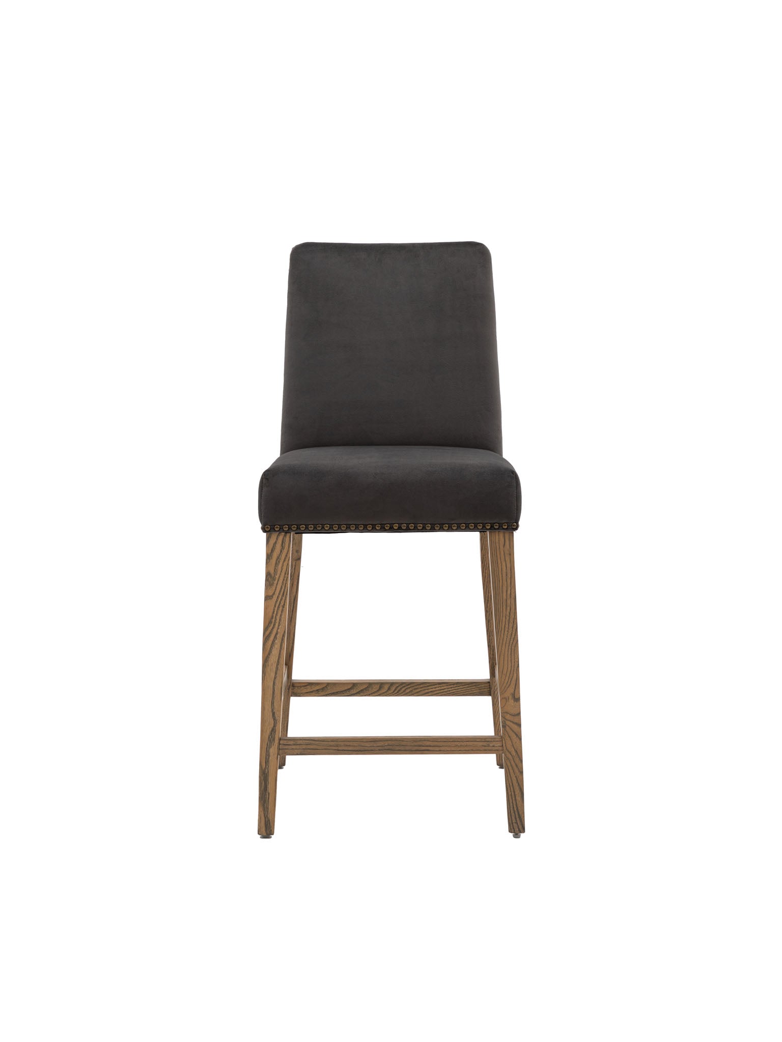 Oak leg, Brown velvet, metal stud bar stool, pack of 2