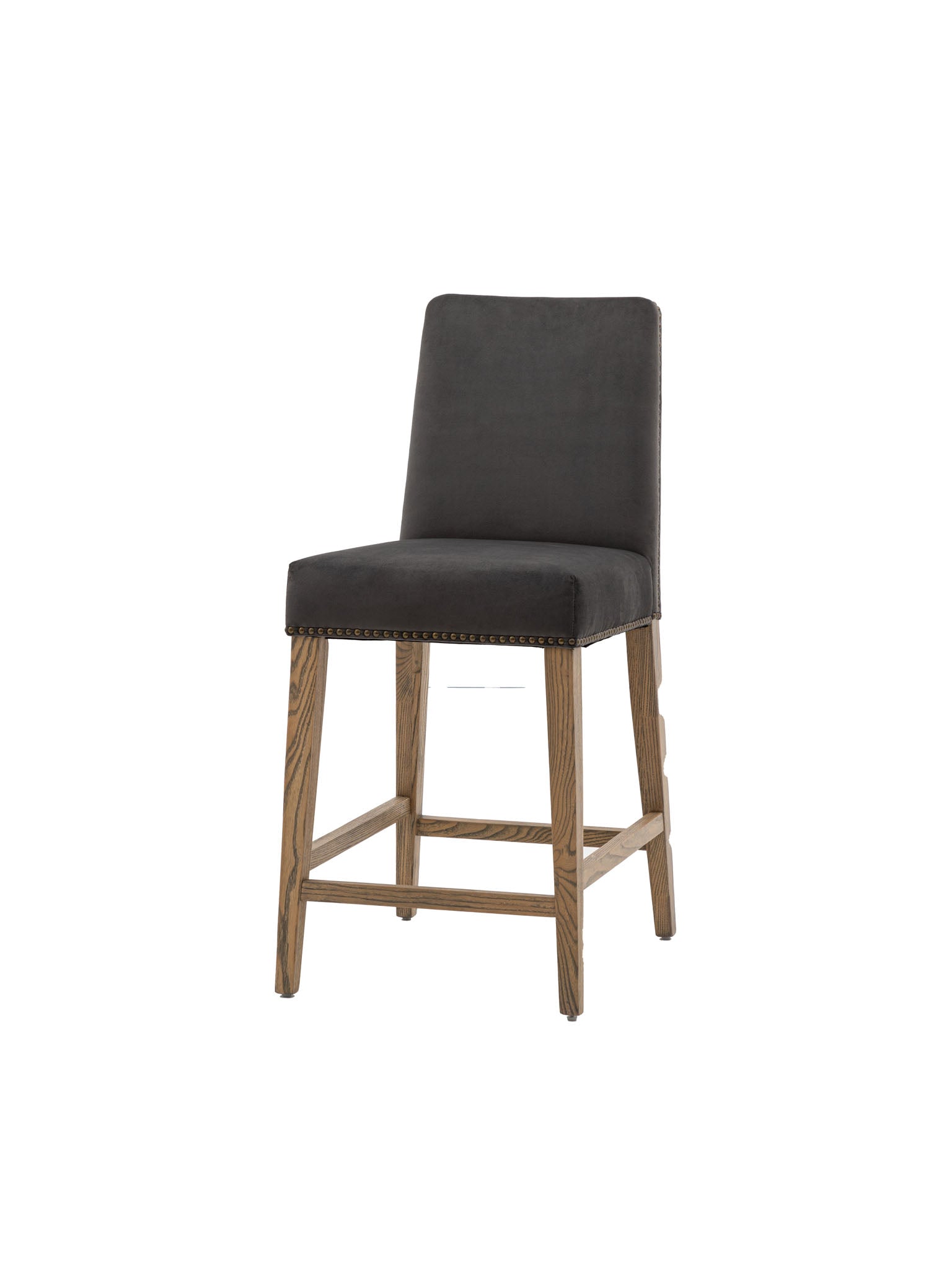 Oak leg, Brown velvet, metal stud bar stool, pack of 2