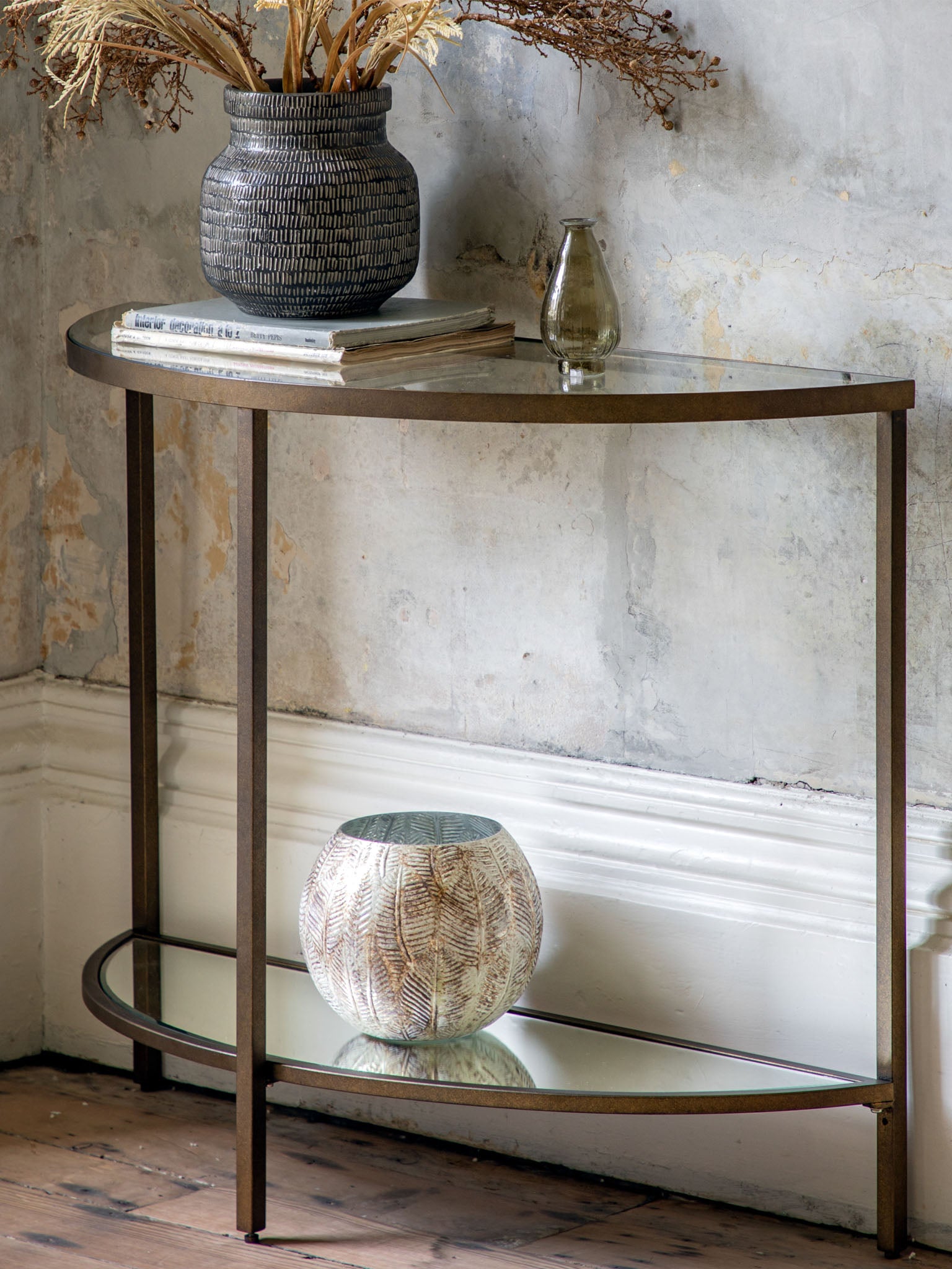 Bronze metal and glass half moon console table