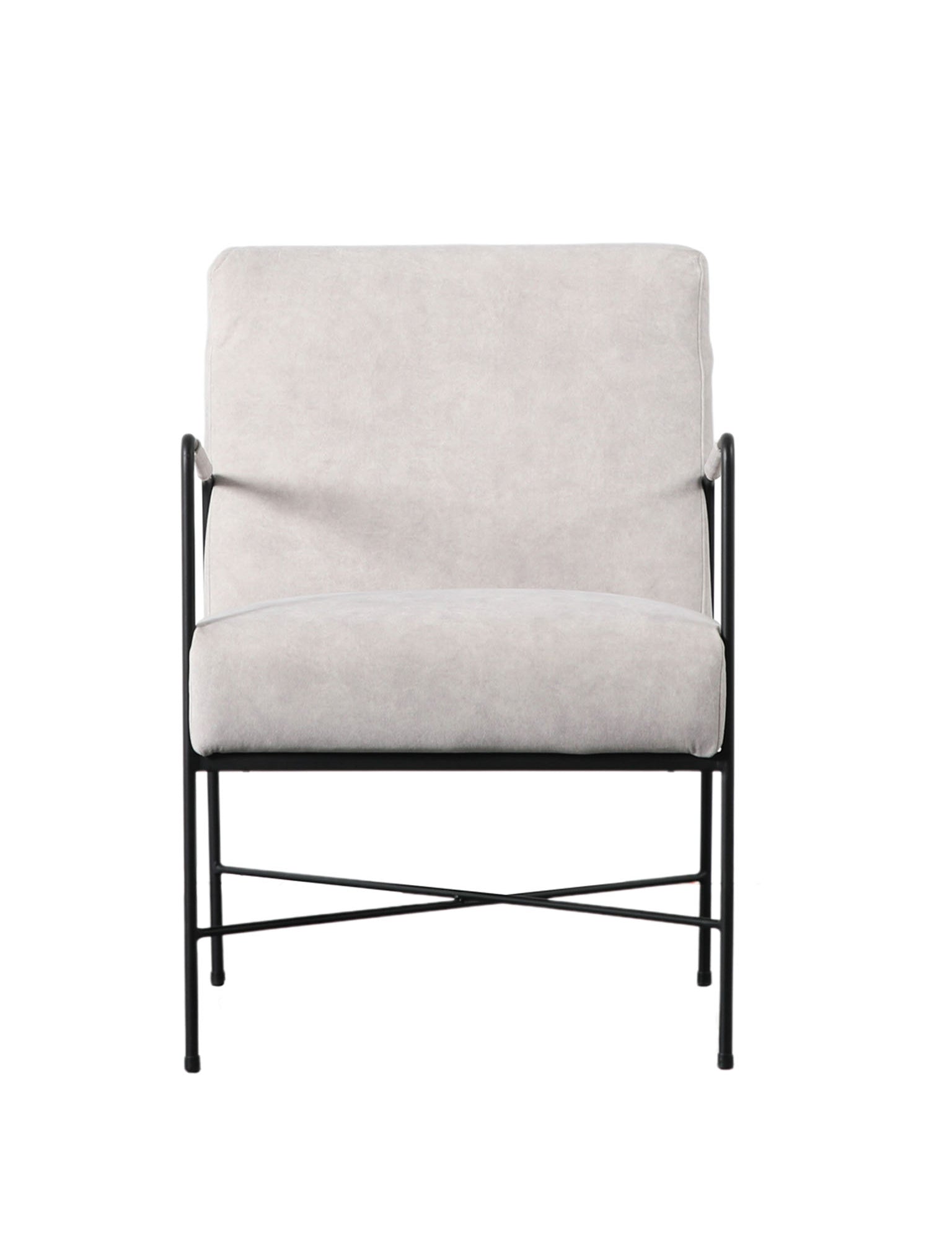 white fabric, metal frame armchair
