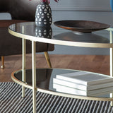 champagne colour, oval glass coffee table