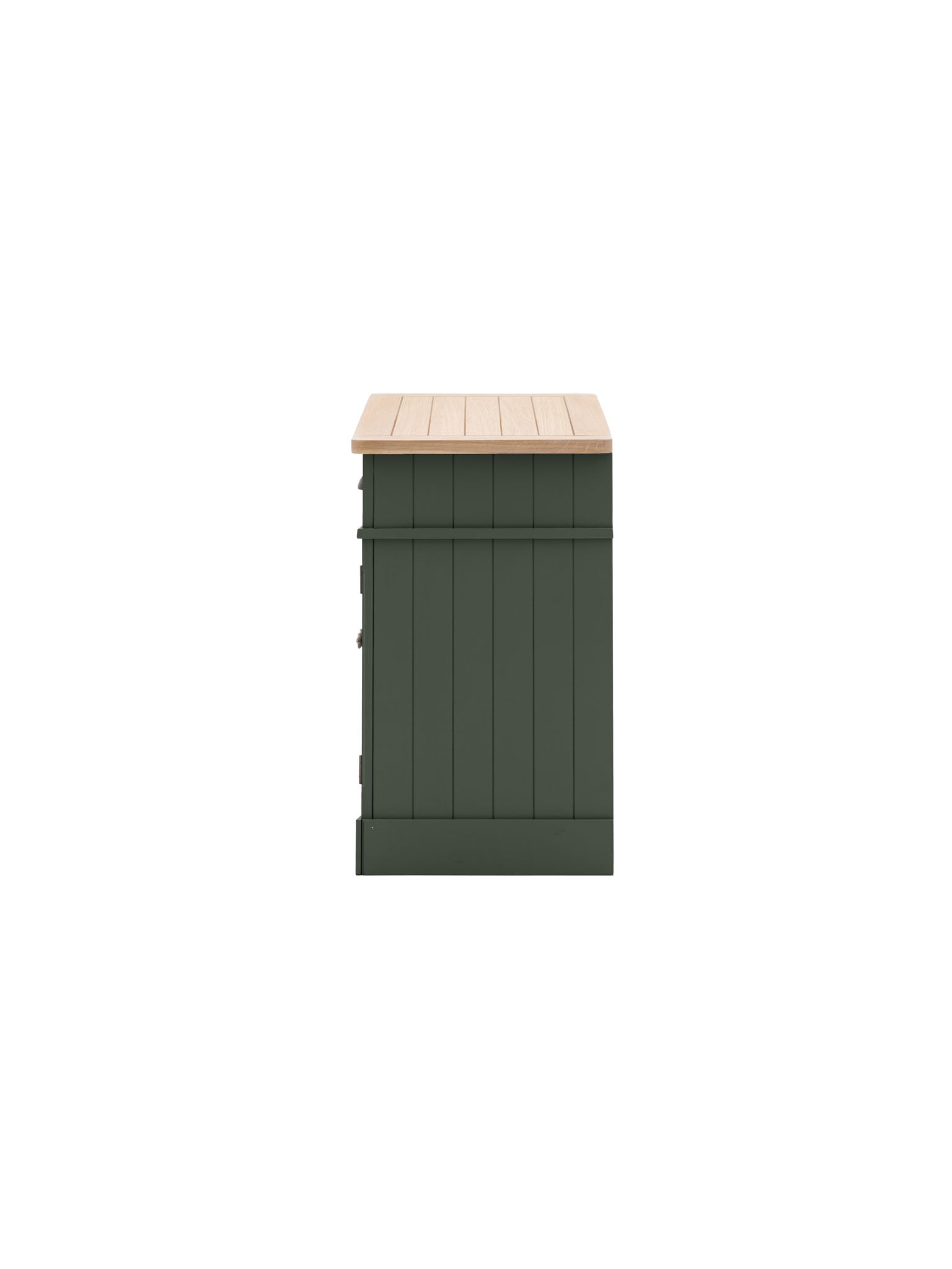 Farmhouse, oak top, 2 door cabinet, moss green