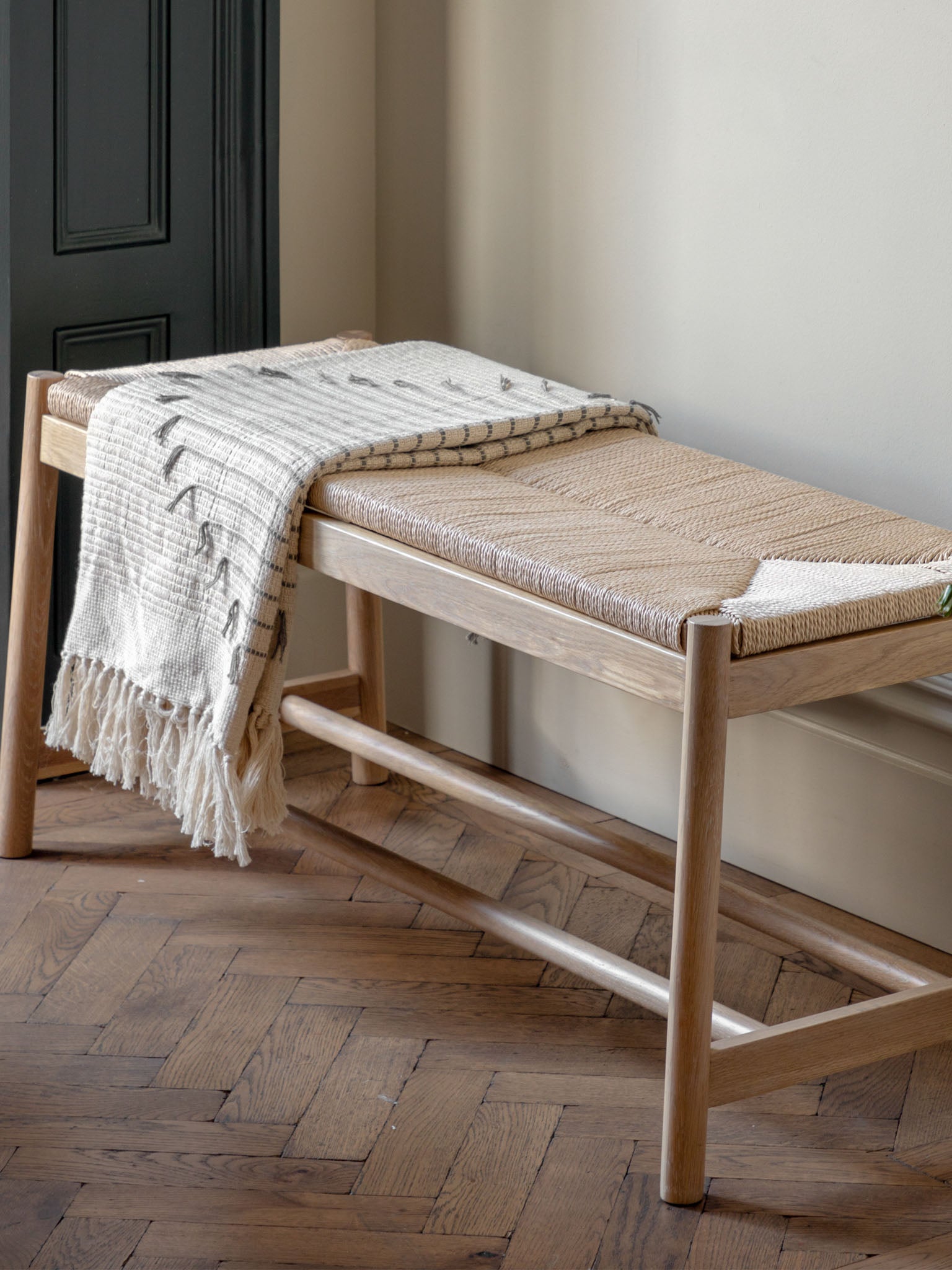 farmhouse style oak and rope bench