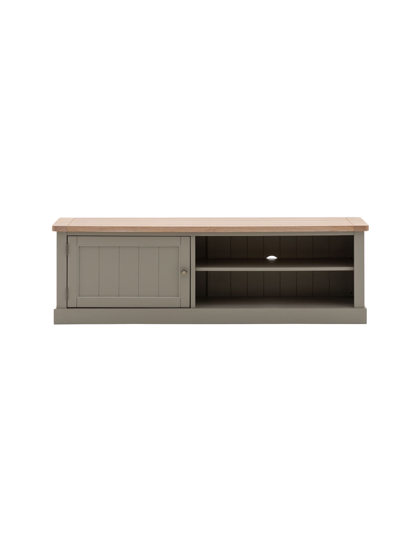 farmhouse style oak top media unit painted in olive green