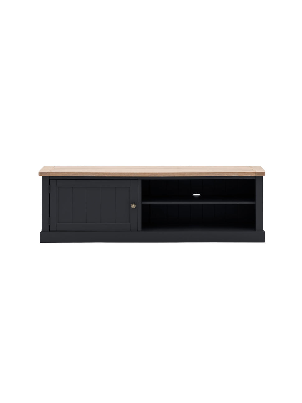 farmhouse style oak top media unit painted in dark navy