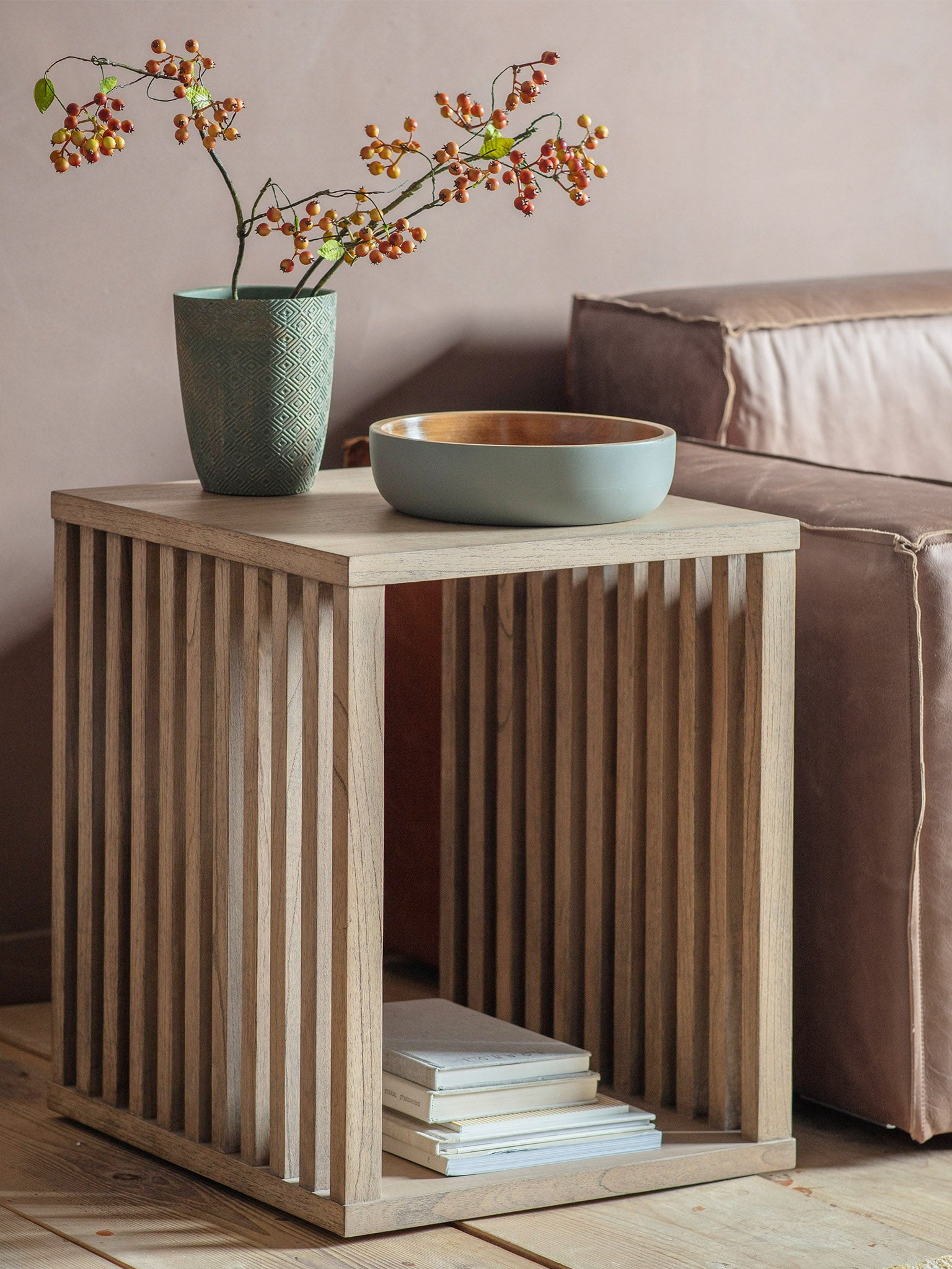small wooden slatted side table 
