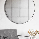 round antiqued grid mirror