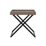 wooden end table with metal crossed legs