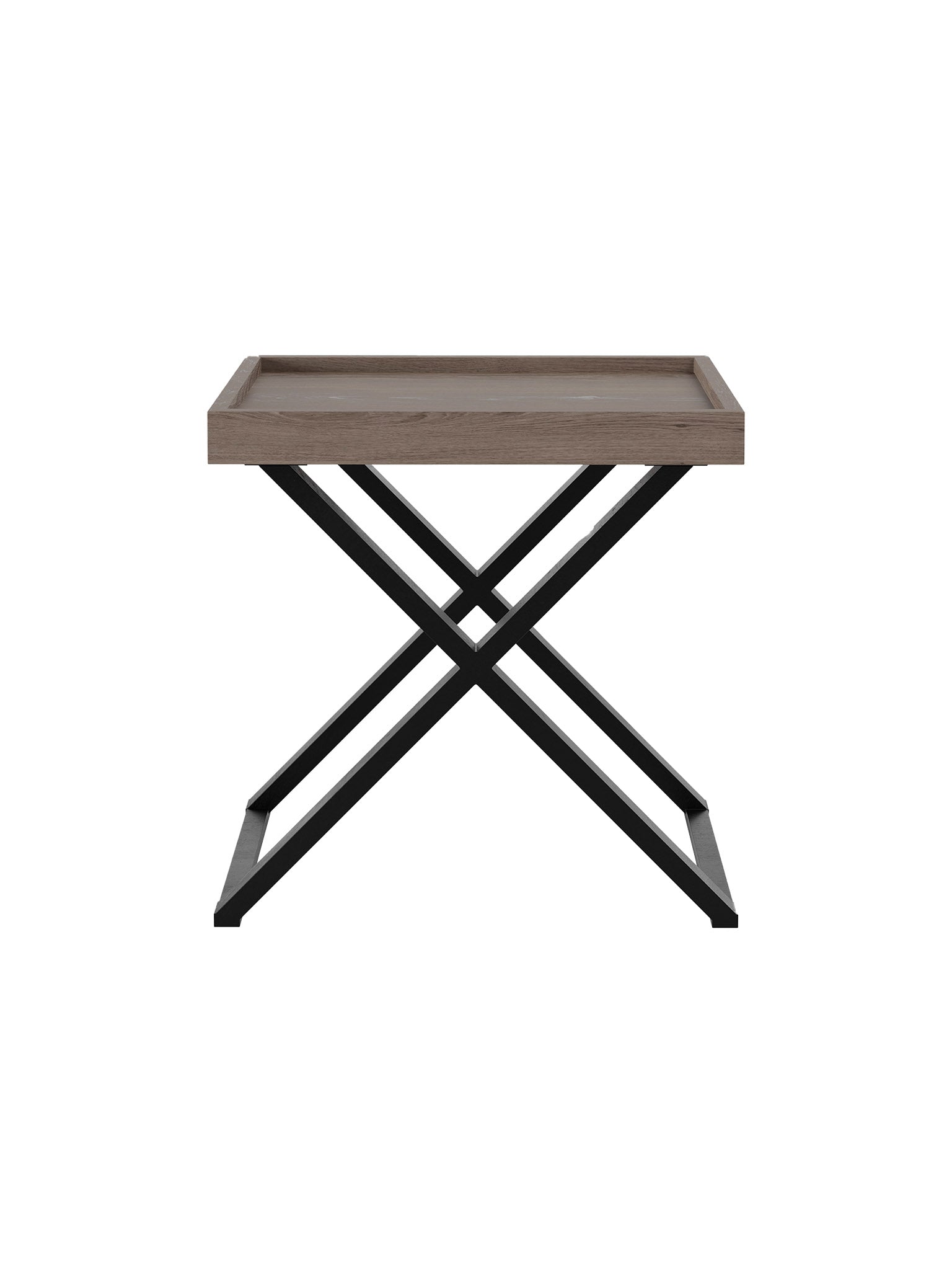 wooden end table with metal crossed legs