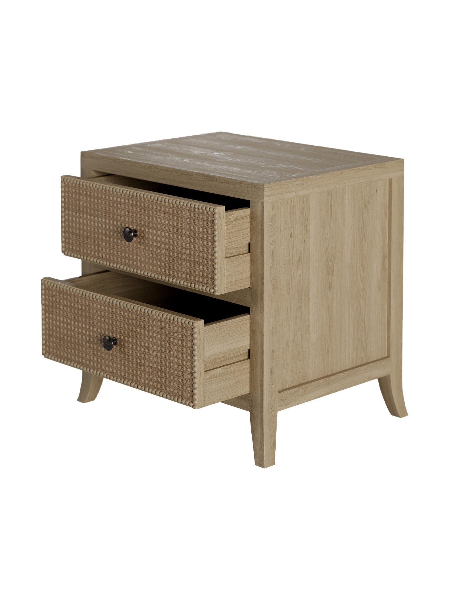 Oak and rattan laticed front 2 drawer bedside table