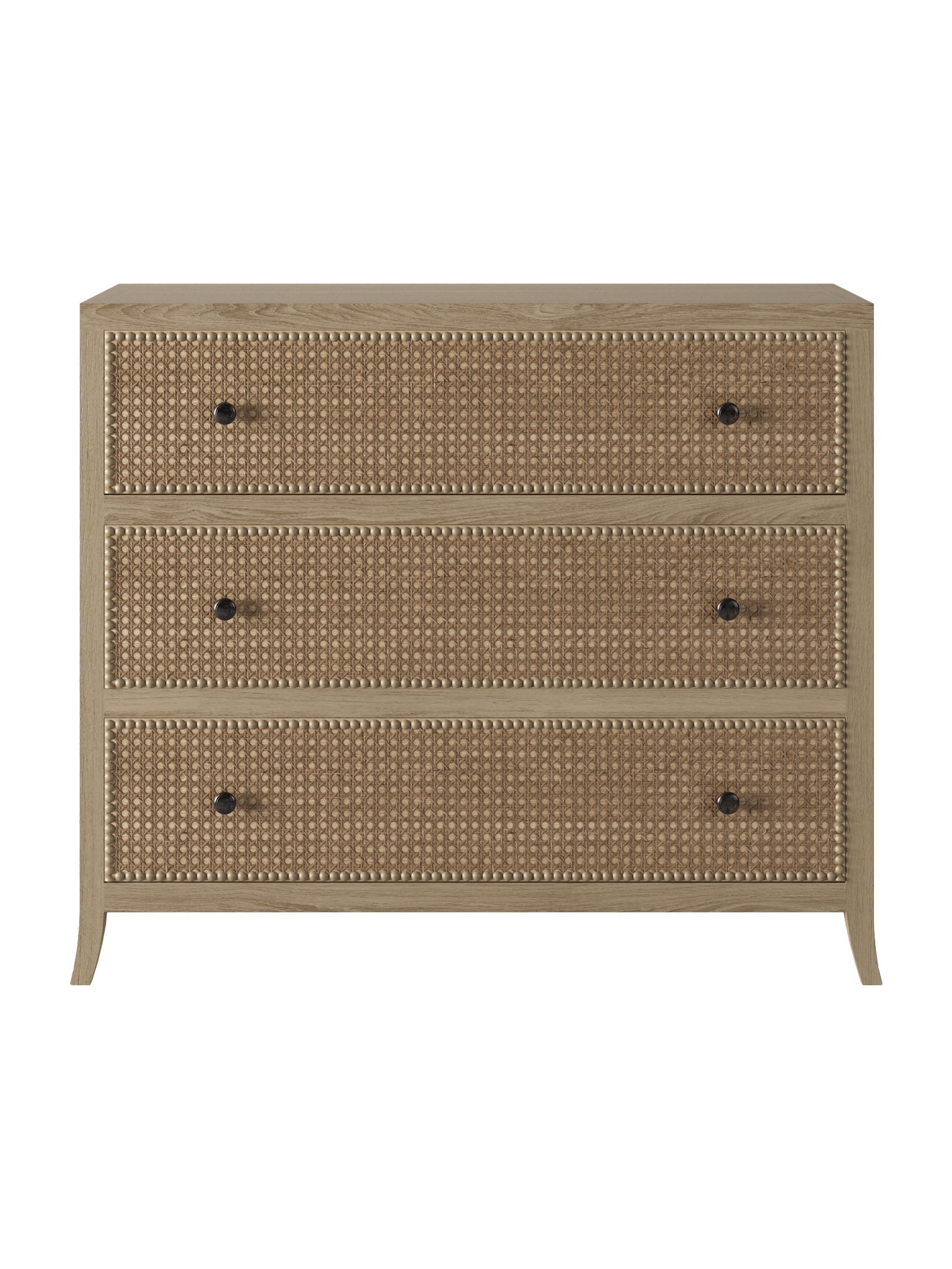 Oak and rattan laticed front 3 drawer chest of drawers