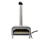 pellet fed stainless steel and black pizza oven