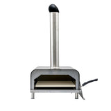 pellet fed stainless steel and black pizza oven