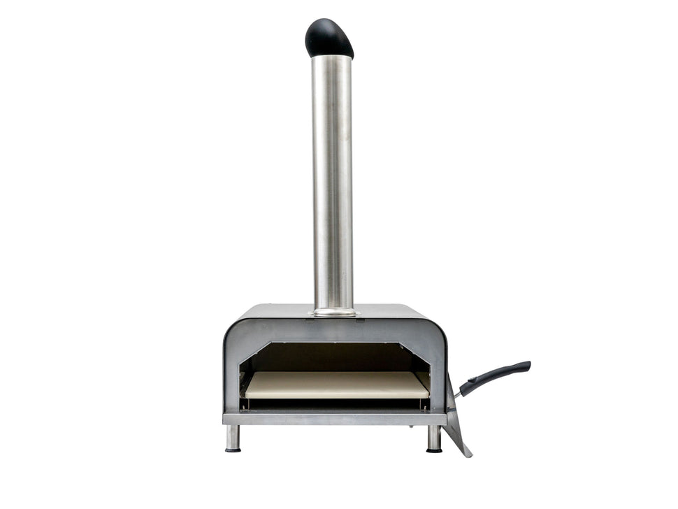 pellet fed stainless steel and black pizza oven