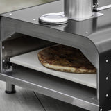 pellet fed stainless steel and black pizza oven