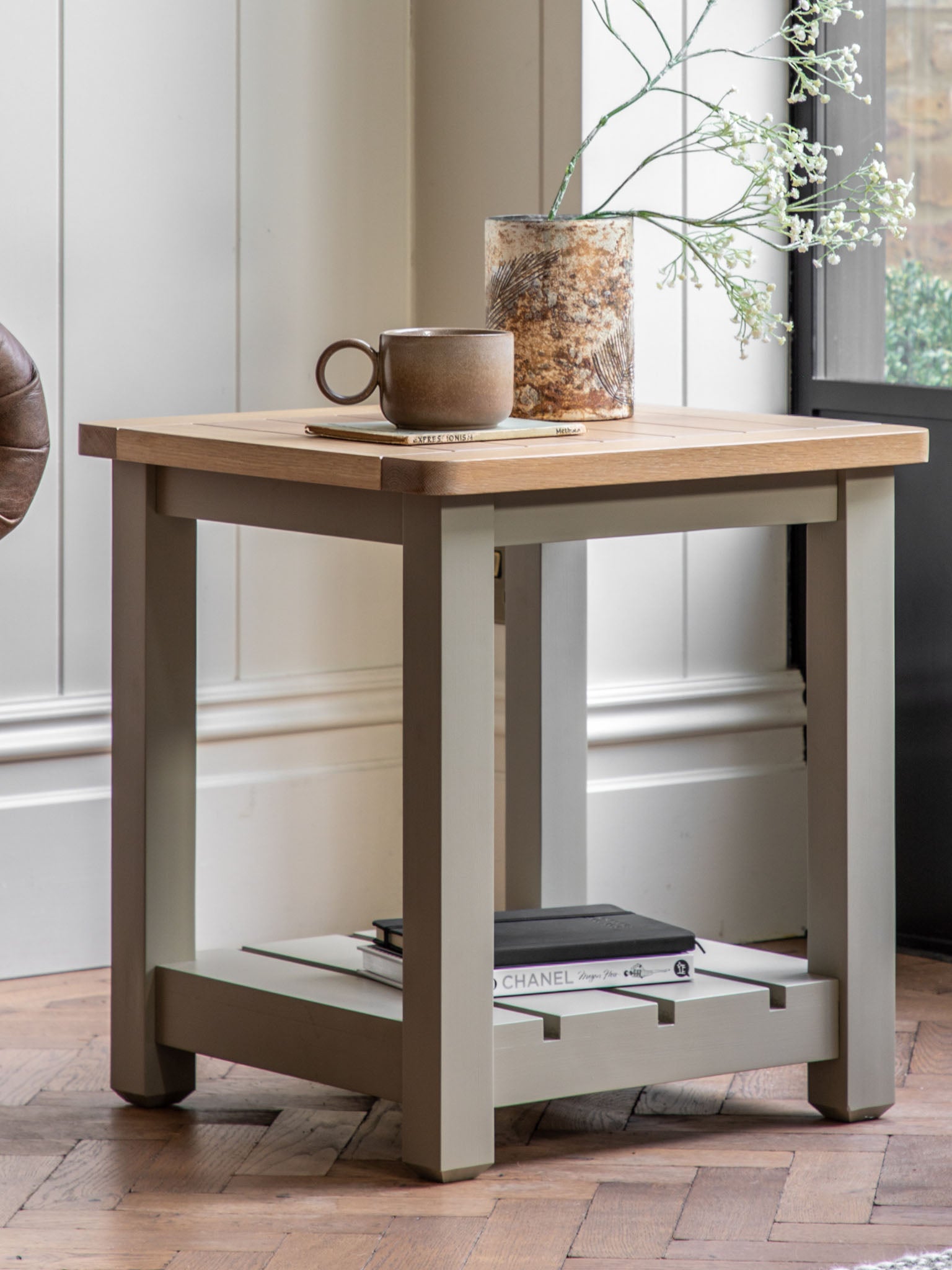 Farmhouse, oak top, side table, olive green